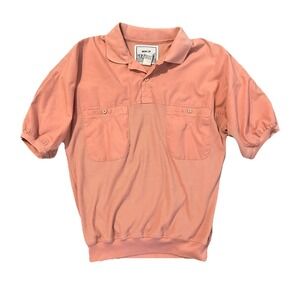 VINTAGE 90s HUK-A-POO Waffle-Knit‎ Banded Bottom Dad Shirt Men Medium Peach